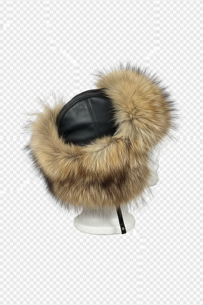 Natural Fox Fur Trapper Hat with Black Leather Top Hats Starlight Furs 
