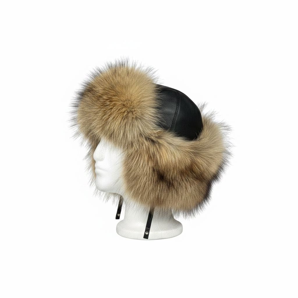 Natural Fox Fur Trapper Hat with Black Leather Top Hats Starlight Furs 
