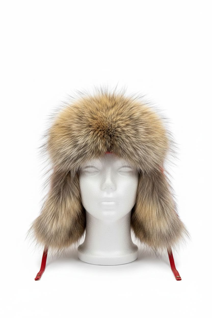 Natural Fox Fur Trooper Hat with Red Leather Cap Hats Starlight Furs 