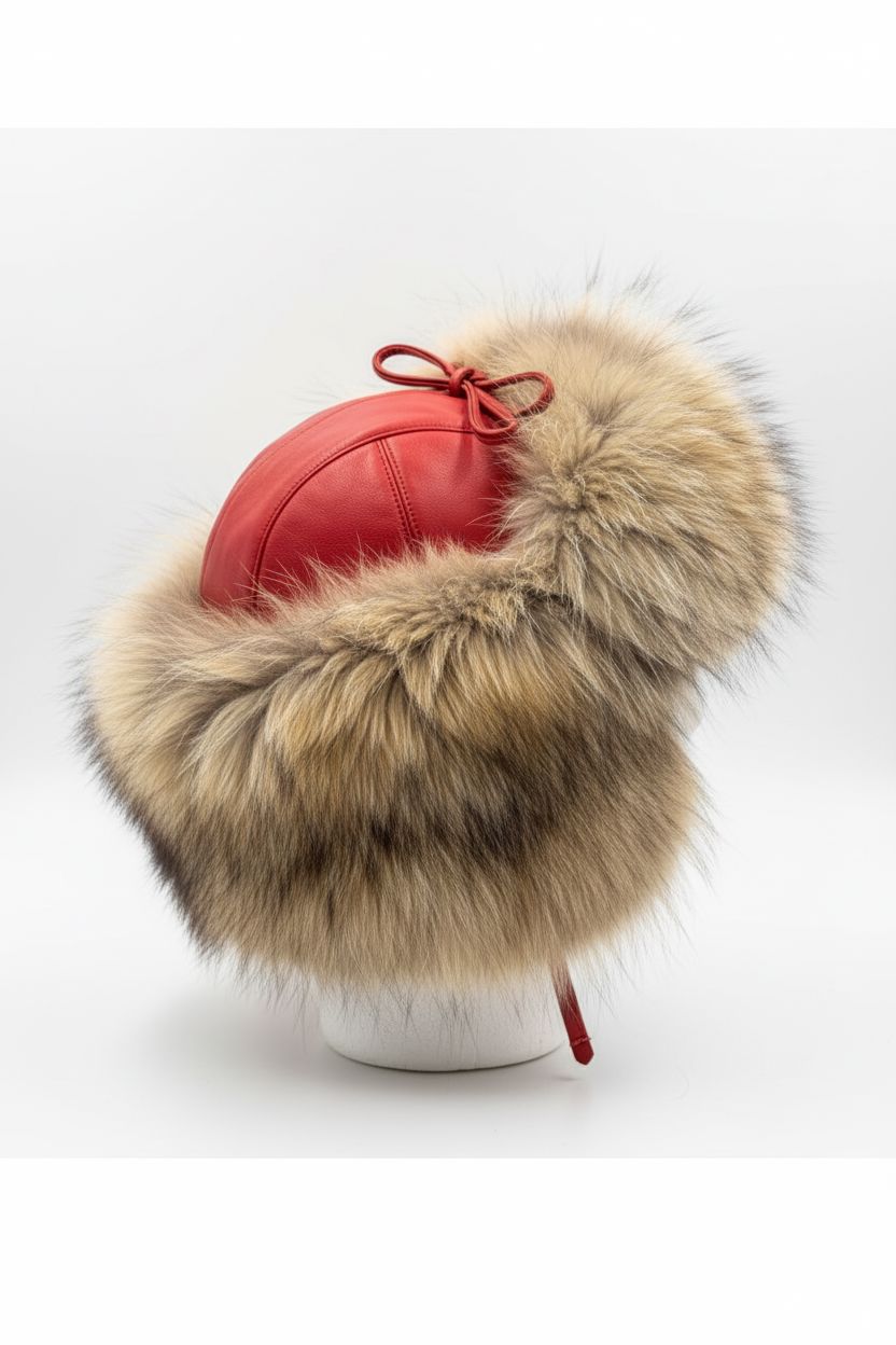 Natural Fox Fur Trooper Hat with Red Leather Cap Hats Starlight Furs 