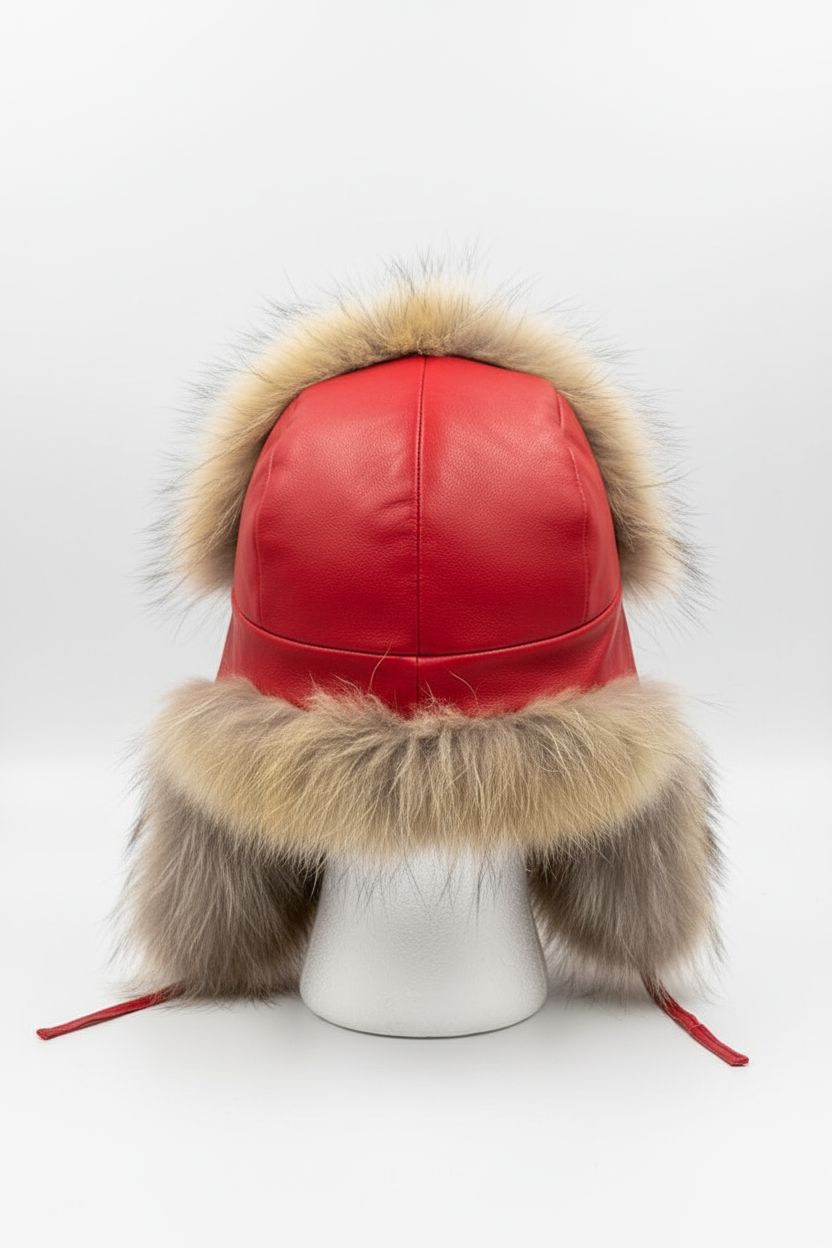 Natural Fox Fur Trooper Hat with Red Leather Cap Hats Starlight Furs 