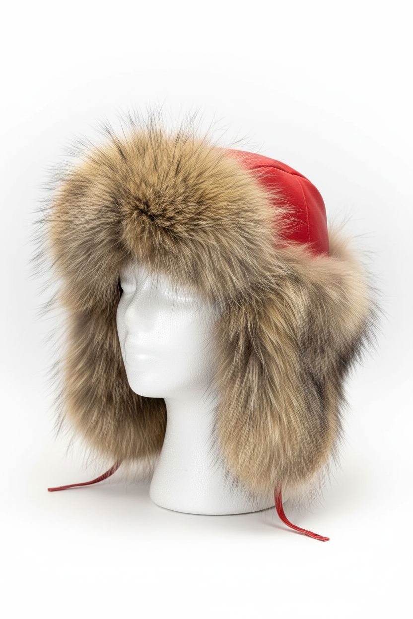 Natural Fox Fur Trooper Hat with Red Leather Cap Hats Starlight Furs 
