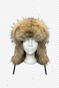 A brown and beige faux fur ushanka hat with ear flaps, displayed on a white mannequin head against a transparent checkered background.