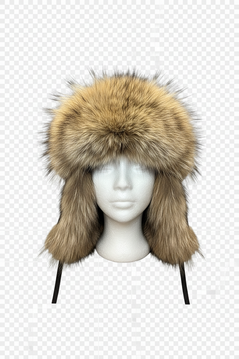 A brown and beige faux fur ushanka hat with ear flaps, displayed on a white mannequin head against a transparent checkered background.