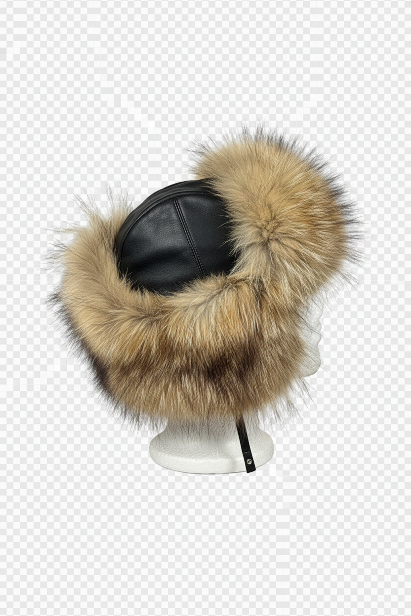 A winter fur hat with a black faux-leather crown and a large tan and brown faux-fur trim, displayed on a white mannequin head against a white and gray checkered background.