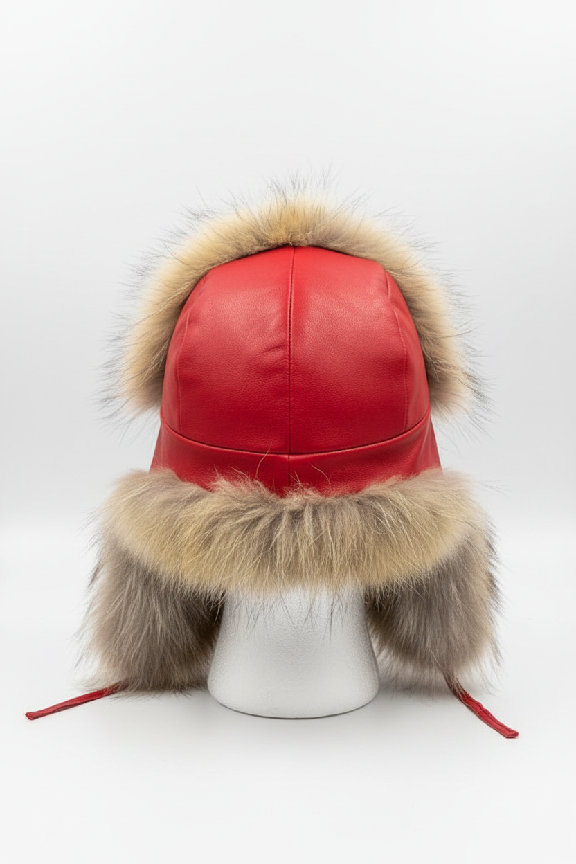 A red faux-leather trapper hat with beige and brown fur trim, displayed on a white mannequin head against a light gray background.