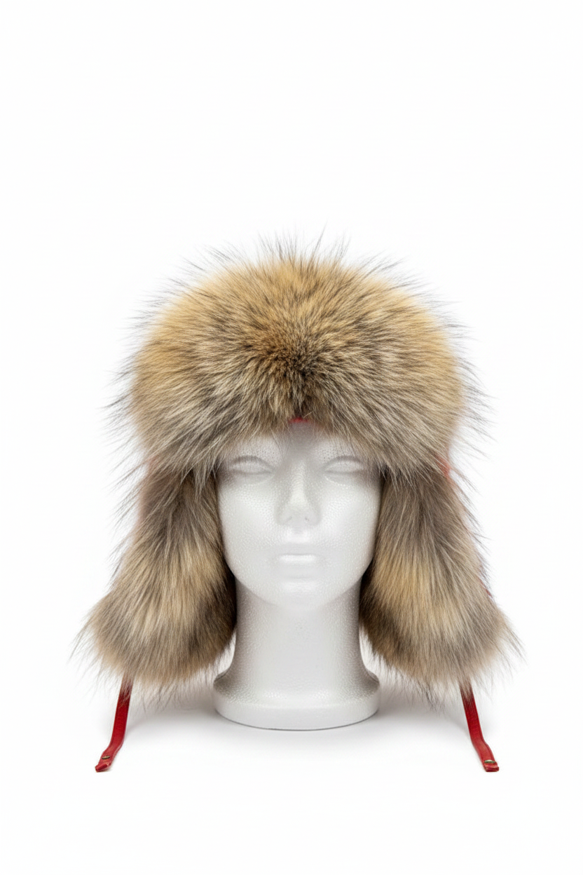 A large fur ushanka hat with brown and beige tones, displayed on a white mannequin head against a plain white background.