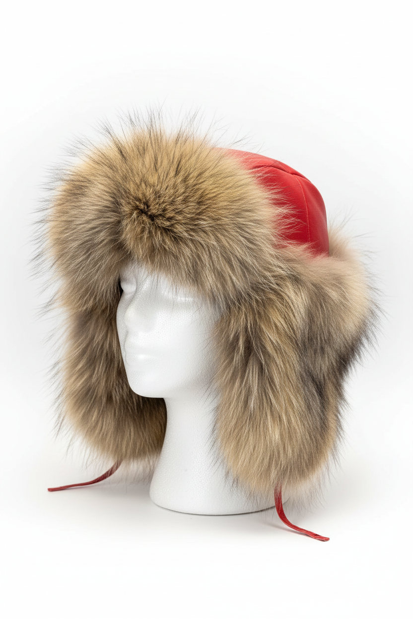 A red leather winter trapper hat with a large natural fur trim and ear flaps, displayed on a white mannequin head against a white background.