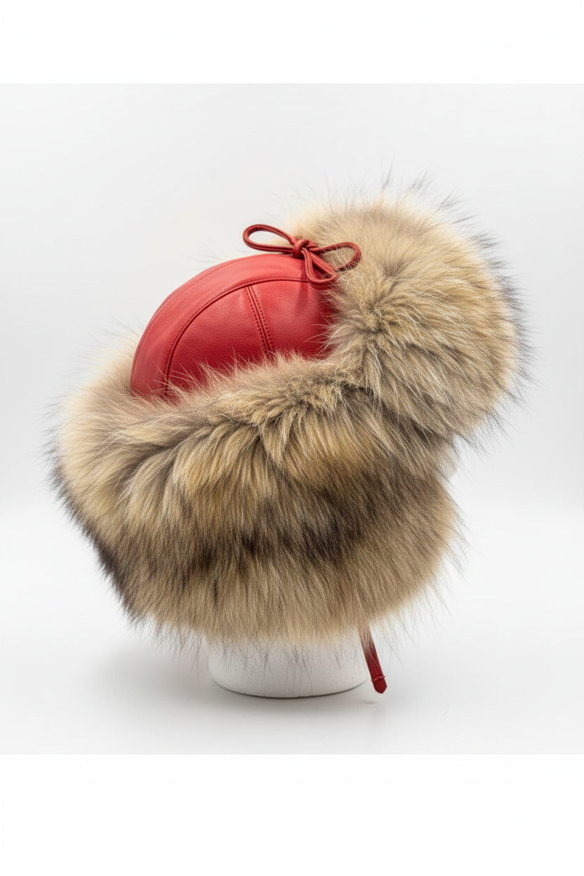 A red leather ushanka-style winter hat with a large beige and brown faux-fur trim and a red bow, displayed on a white mannequin head against a light gray background.