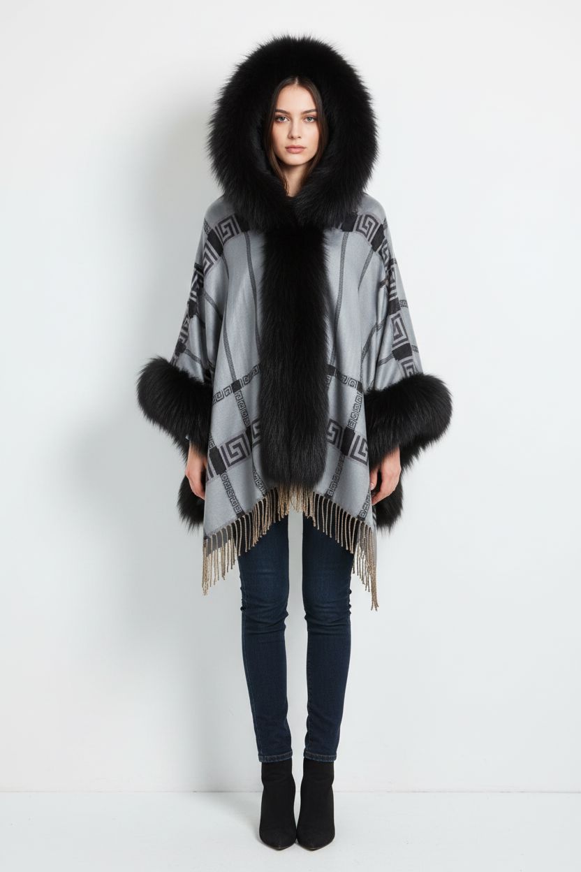 Pashminas with Fox trim Accessories Starlight Furs Grey and Black 