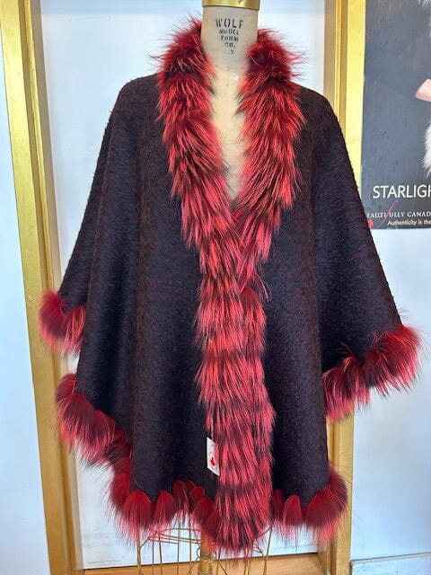 Reversible Alpaca Shawl with Red & Black Fox Trim Capes Starlight Furs 