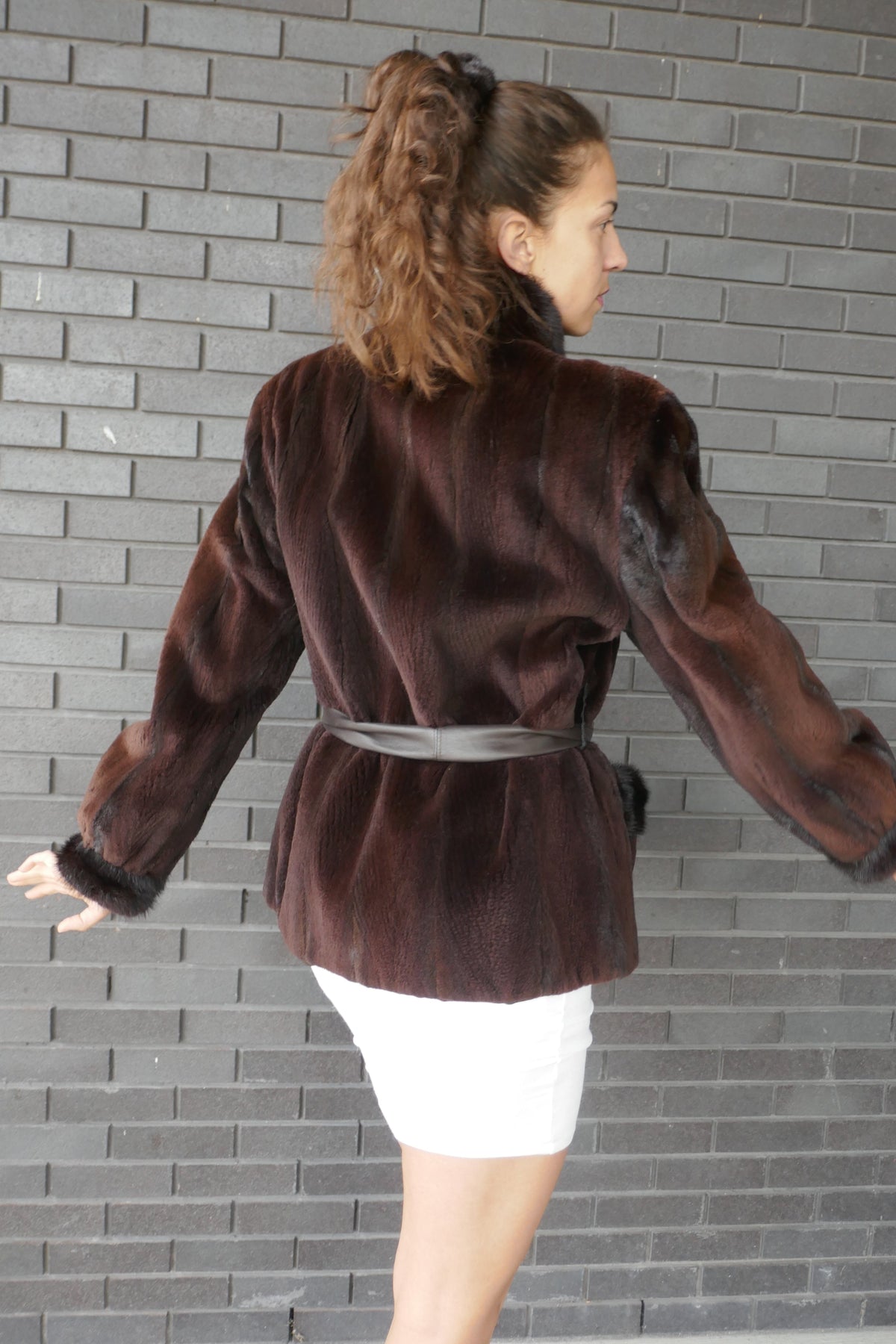 Sheared Brown Mink Jacket with Leather Belt Fur Jacket Starlight Furs 