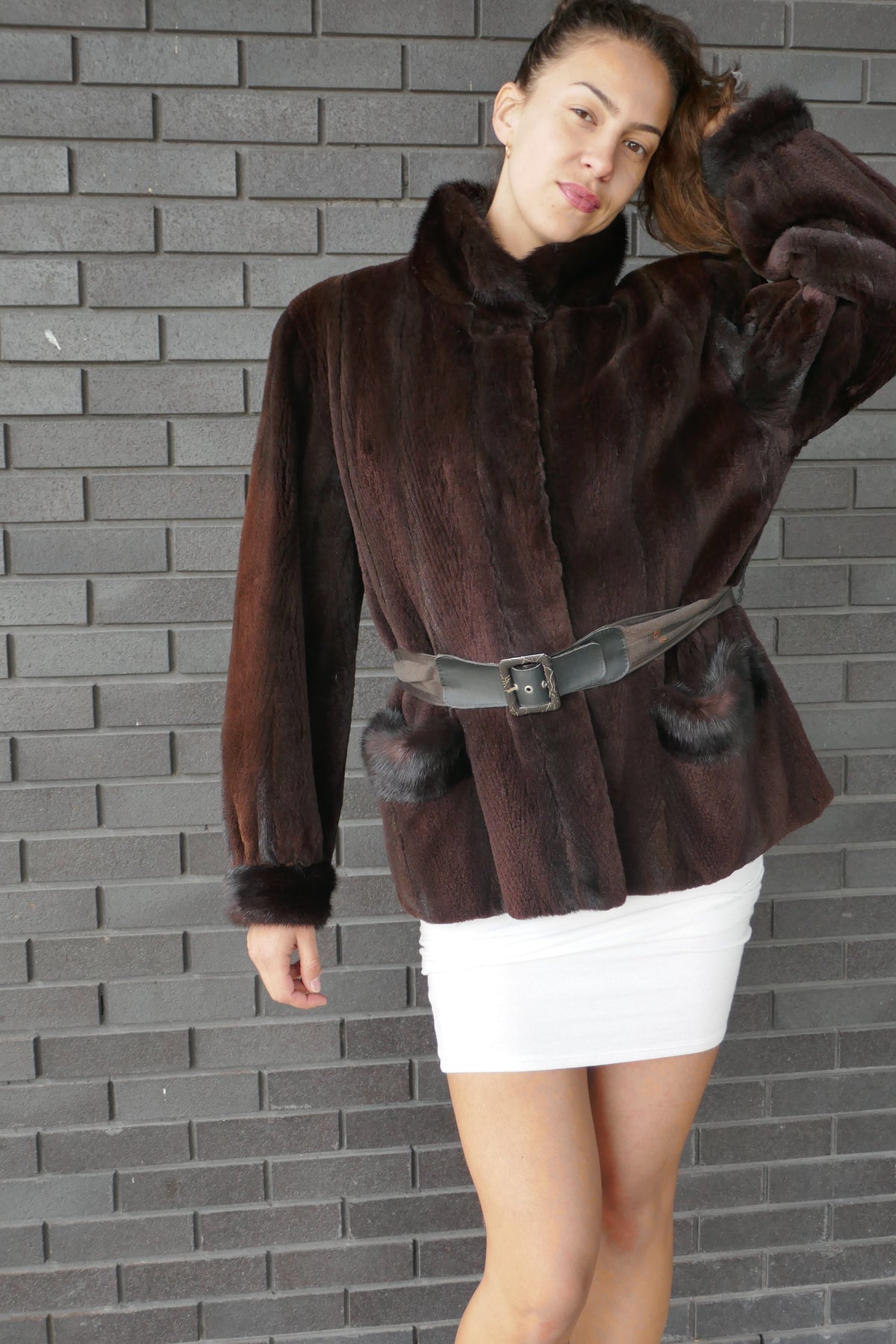 Sheared Brown Mink Jacket with Leather Belt Fur Jacket Starlight Furs 