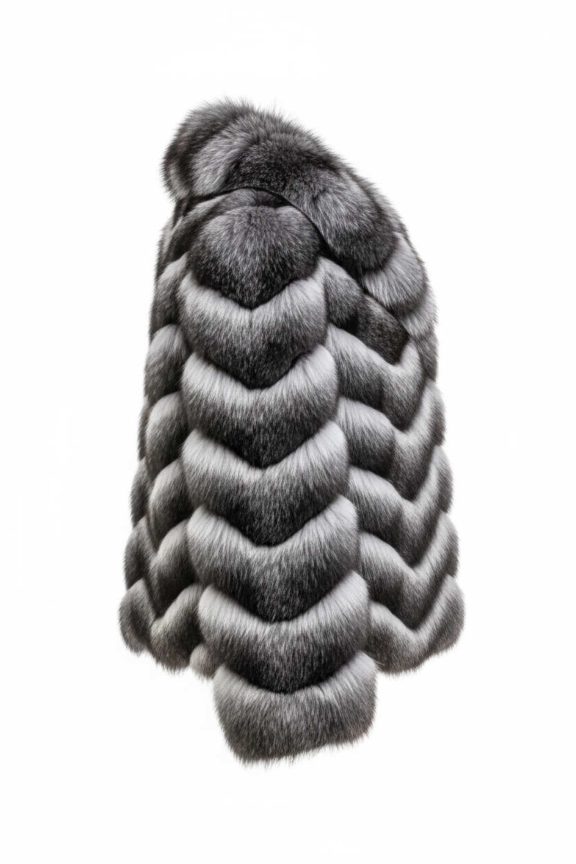 A cropped fur coat with a textured chevron pattern in shades of gray, black, and white, shown from a side profile view on a solid white background.
