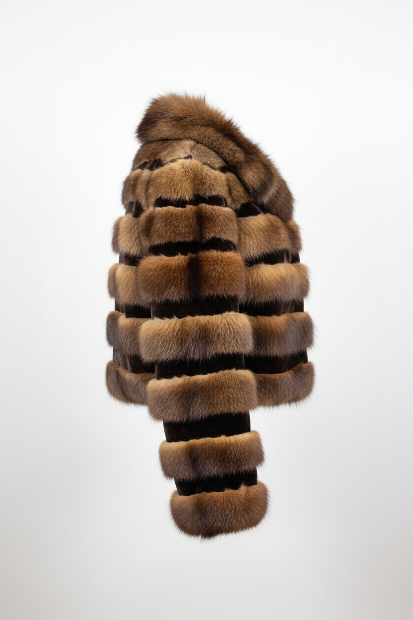 A cropped fur jacket with horizontal striped bands in shades of brown, tan, and black, shown from a three-quarters angle against a light gray studio background.