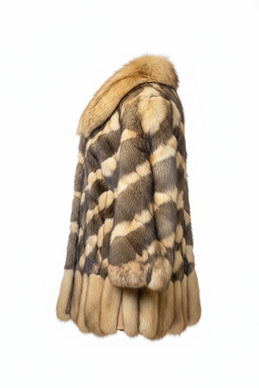 A mottled fur coat with a pattern of beige, brown, and cream tones, featuring a thick tan collar and a flared, layered hem, shown from a side profile on a white background.