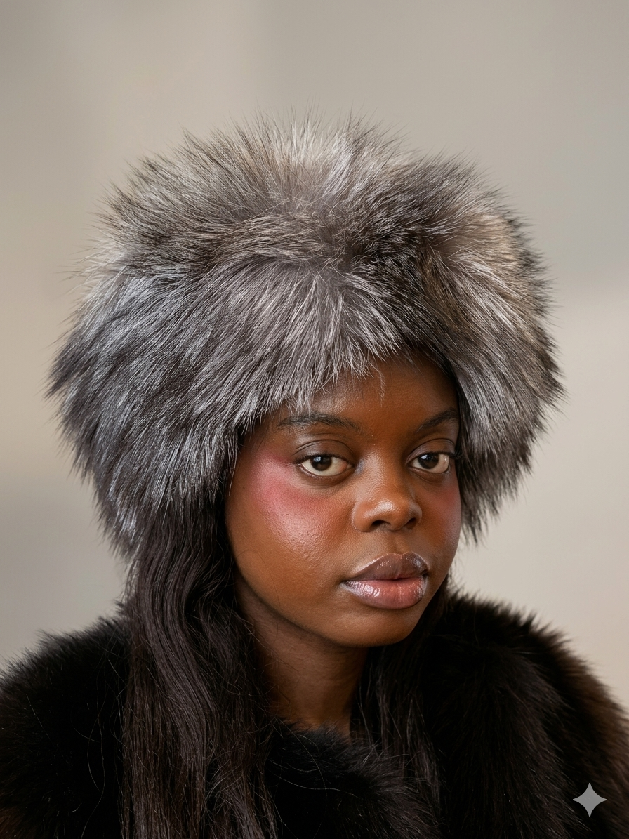 Person wearing a fur hat and coat against a neutral background