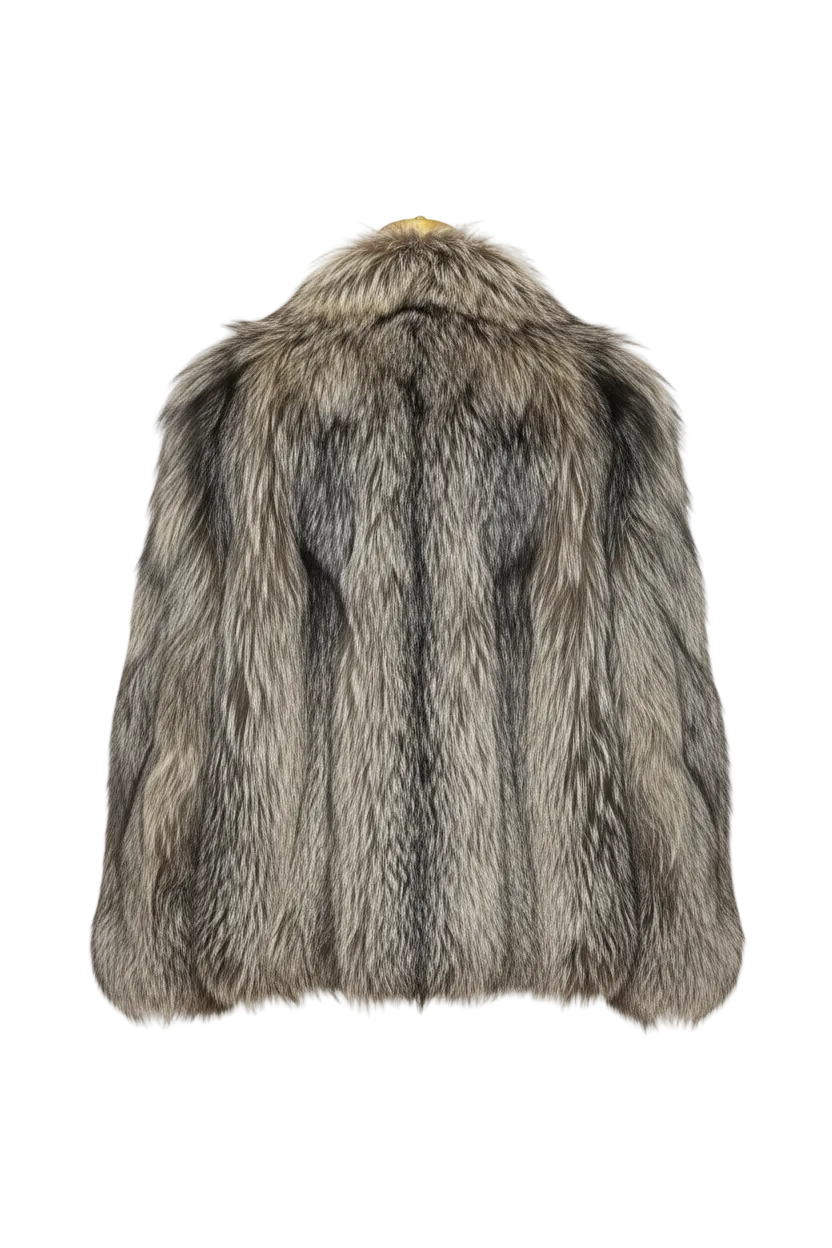 A gray and black fur jacket with a high collar, shown from the back on a plain white background.