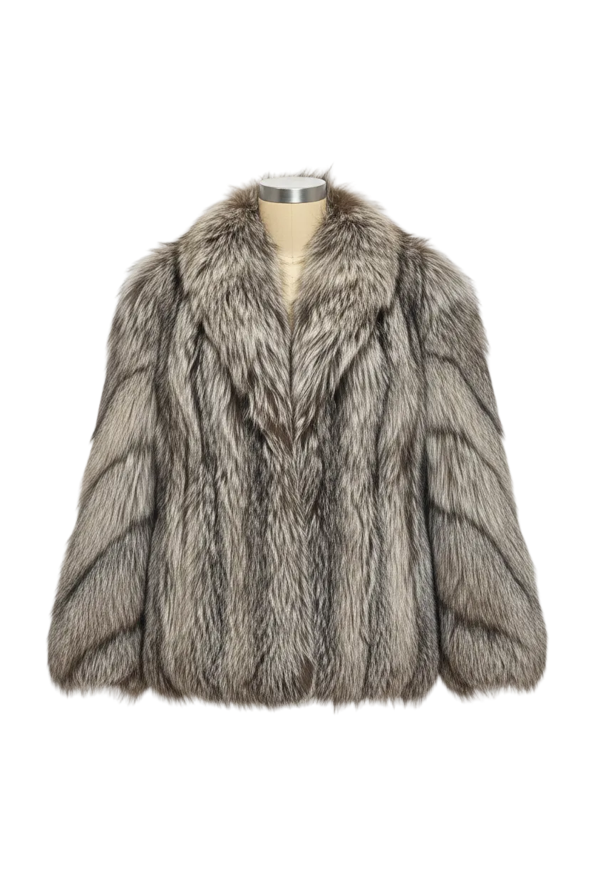 A gray and silver faux fur jacket with a wide collar, displayed on a mannequin torso against a plain white background.