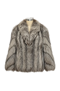 A gray and silver faux fur jacket with a wide collar, displayed on a mannequin torso against a plain white background.