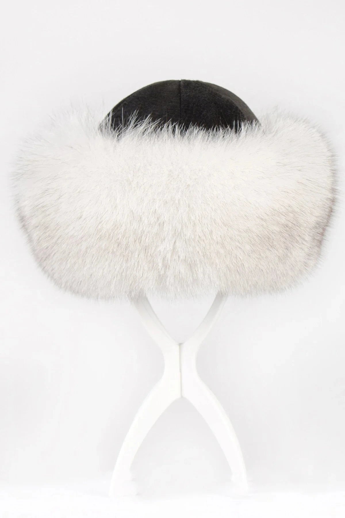 White Fox Russian Hat with Black Leather Cap Fur Hats Starlight Furs 