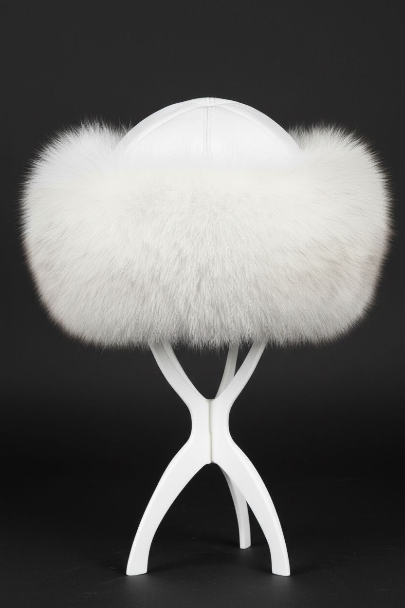 White Fox Russian Hat with White Leather Hat Starlight Furs 