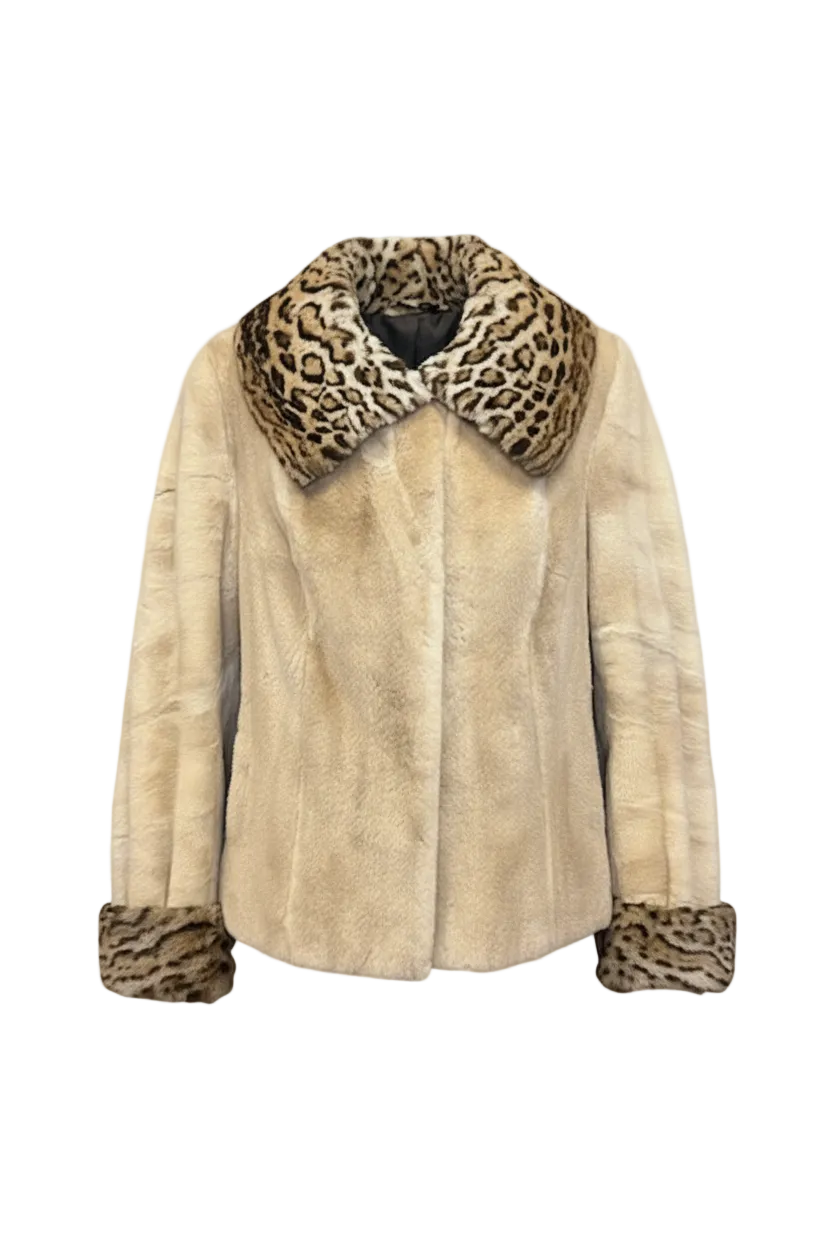 A beige mink fur jacket featuring a leopard print collar and matching leopard print cuffs, shown against a checkered transparency background.