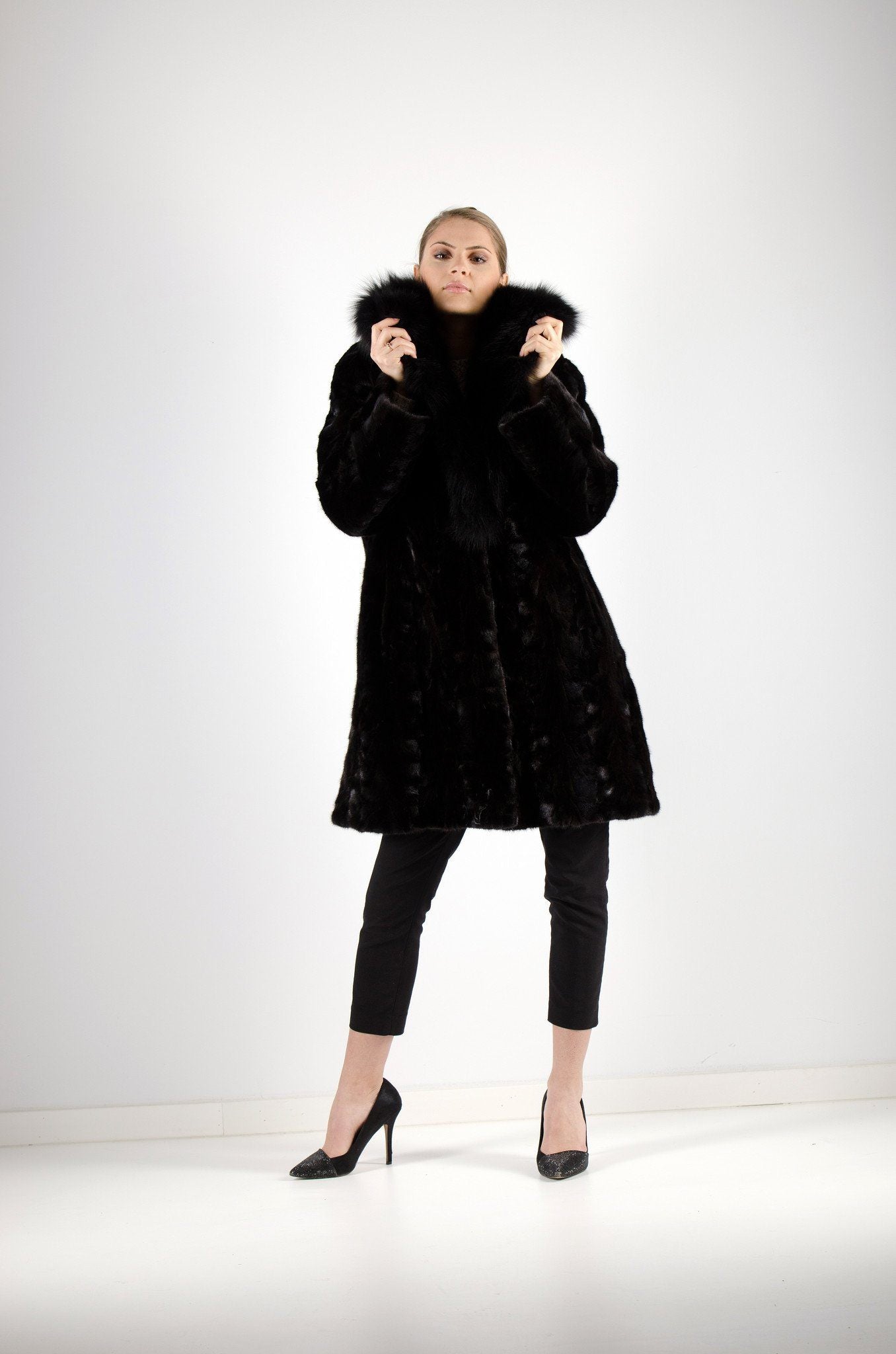 12 | Black Hooded Mink With Fox Fur Trim Coat Coats Starlight Furs 