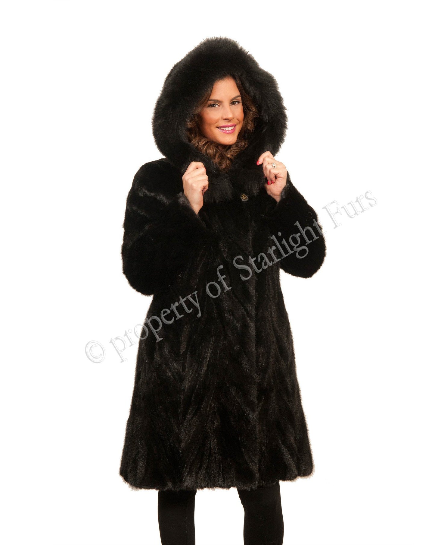 12 | Black Hooded Mink With Fox Fur Trim Coat Coats Starlight Furs 