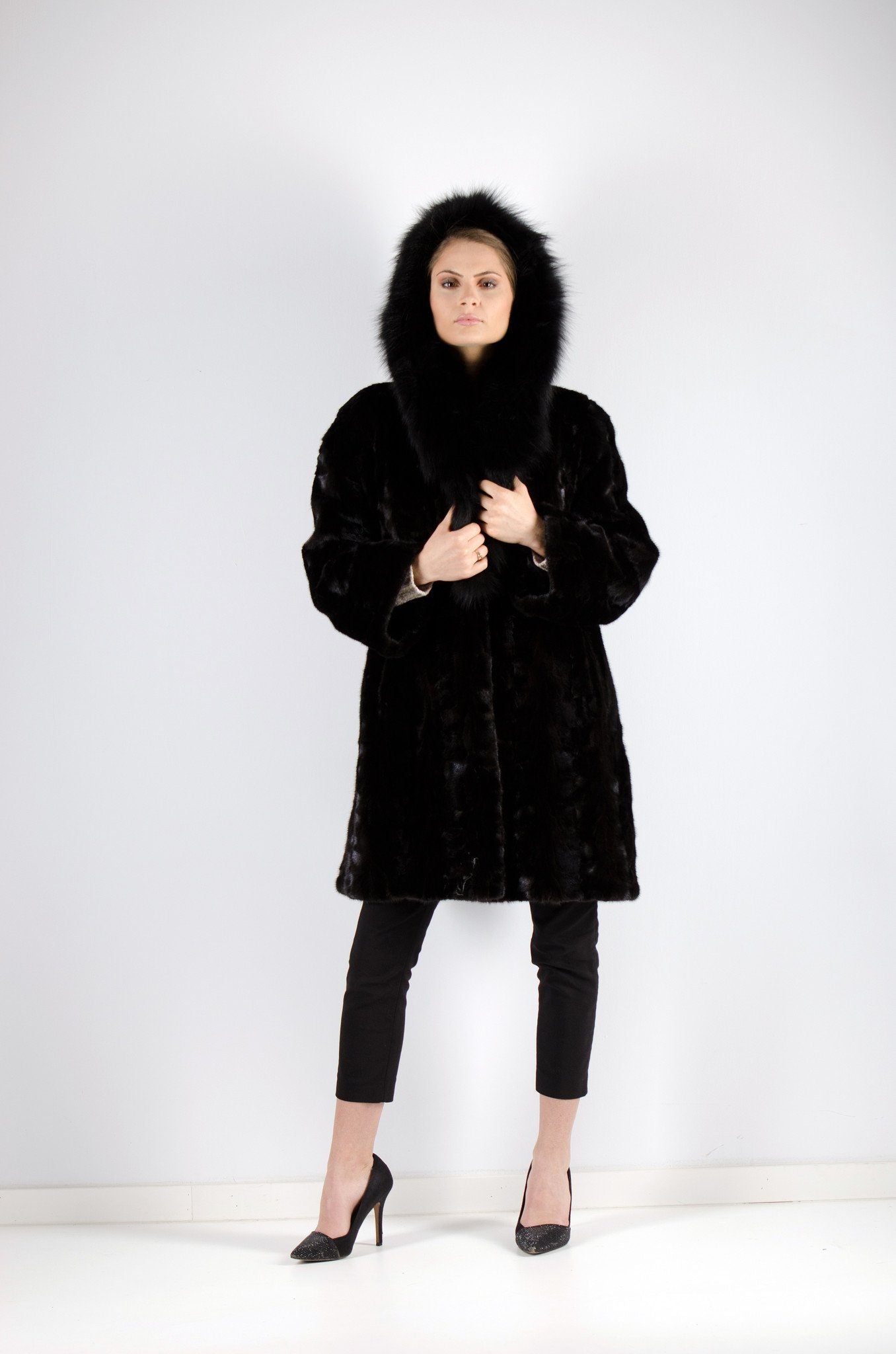 12 | Black Hooded Mink With Fox Fur Trim Coat Coats Starlight Furs S 