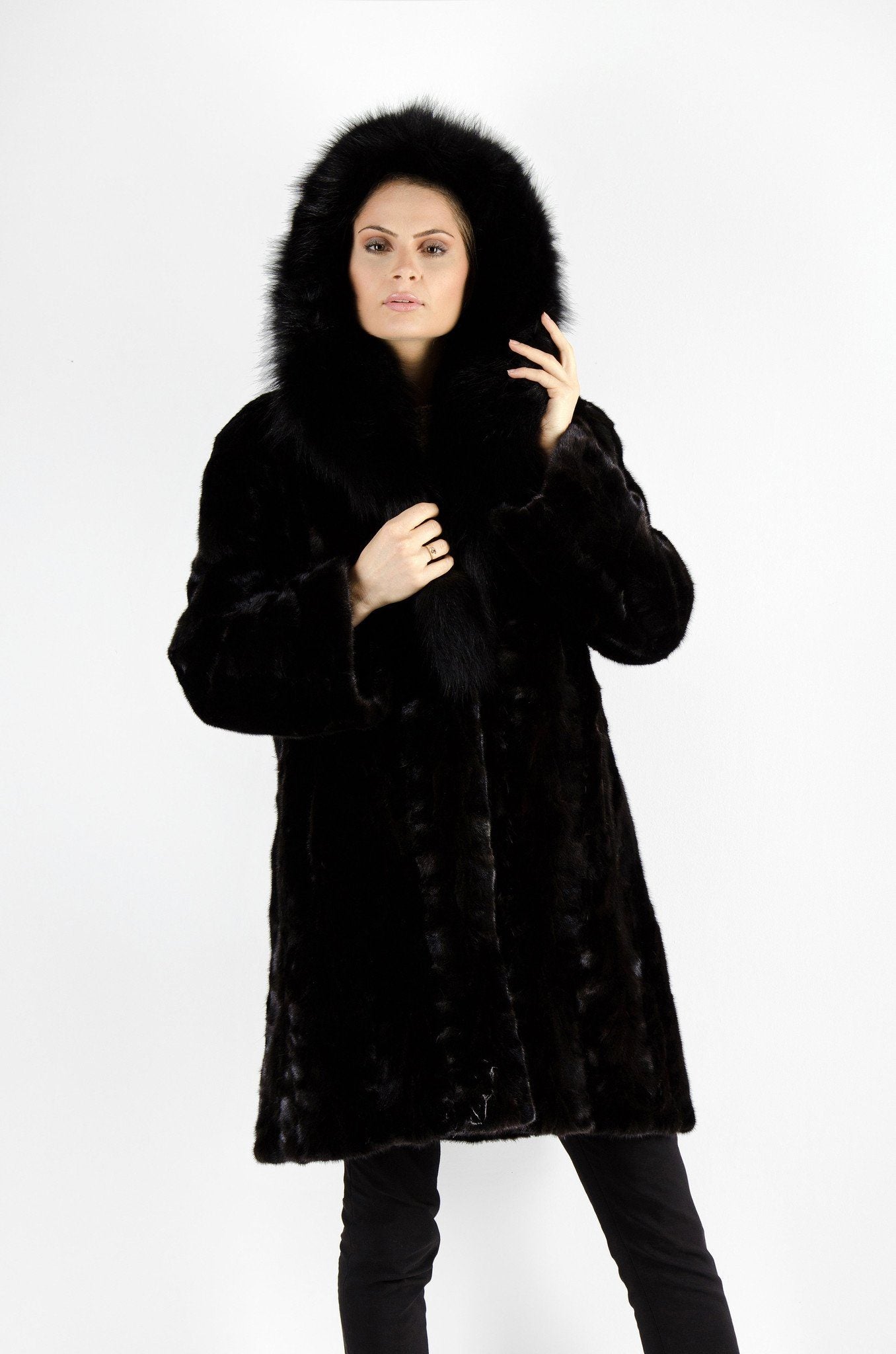 12 | Black Hooded Mink With Fox Fur Trim Coat Coats Starlight Furs XL 