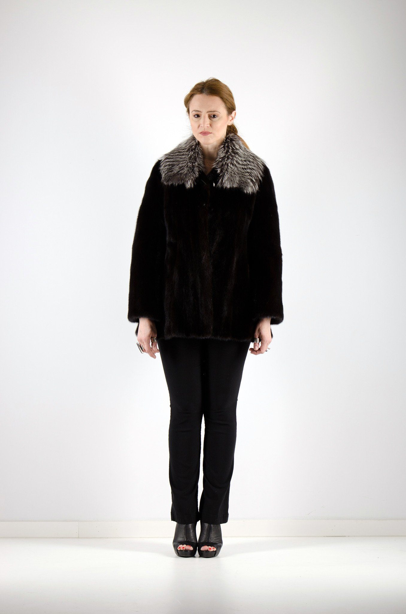 21 | Black Mink Fur Jacket With Silver Fox Trim Jackets Starlight Furs S 