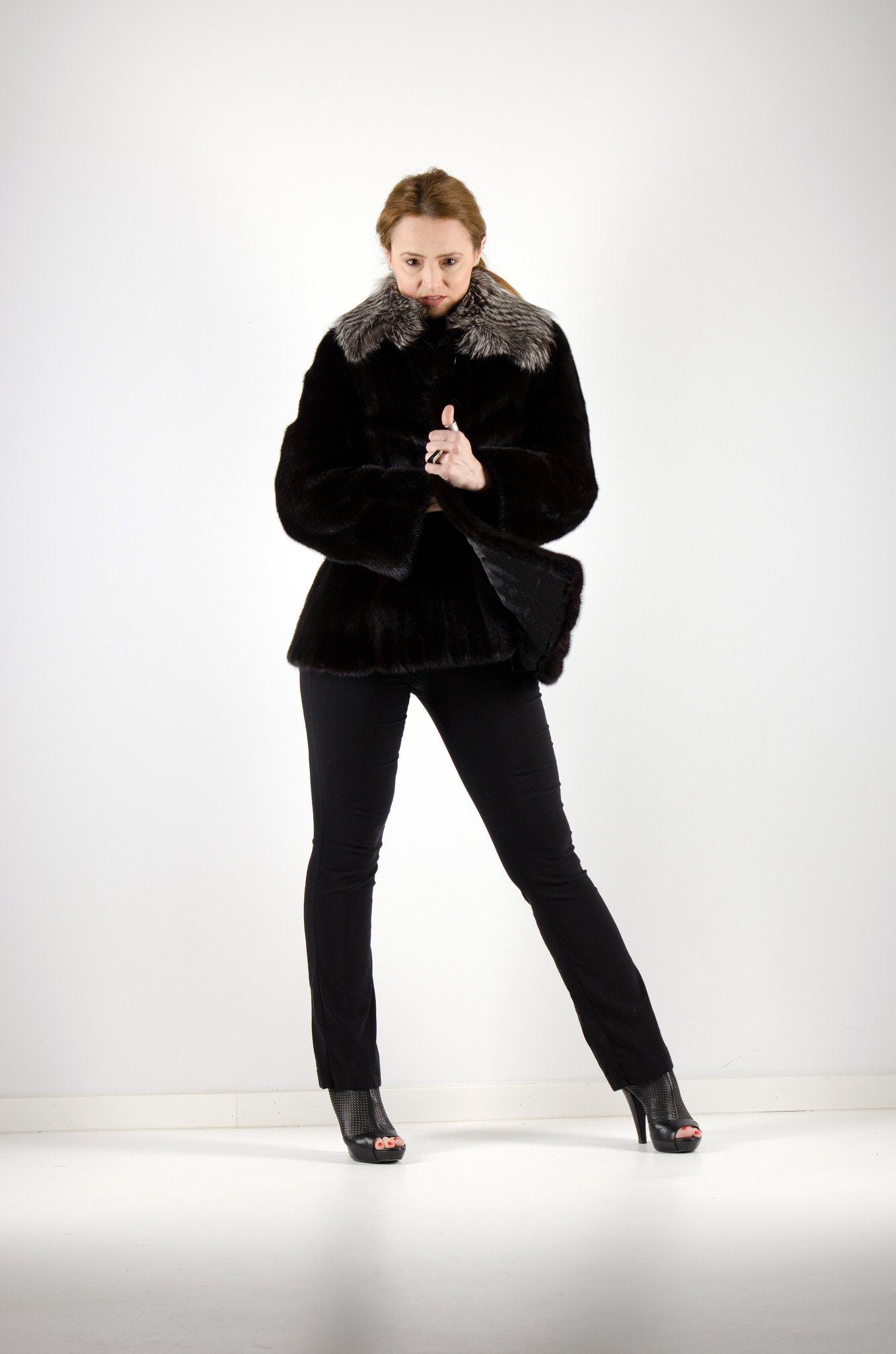 21 | Black Mink Fur Jacket With Silver Fox Trim Jackets Starlight Furs M 