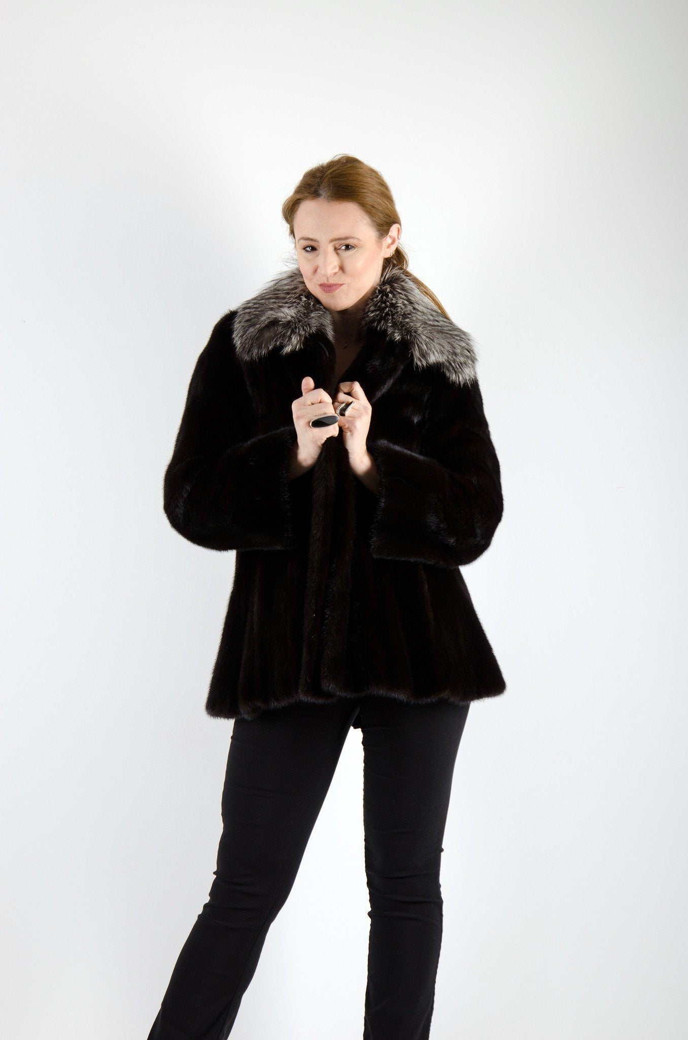 21 | Black Mink Fur Jacket With Silver Fox Trim Jackets Starlight Furs L 