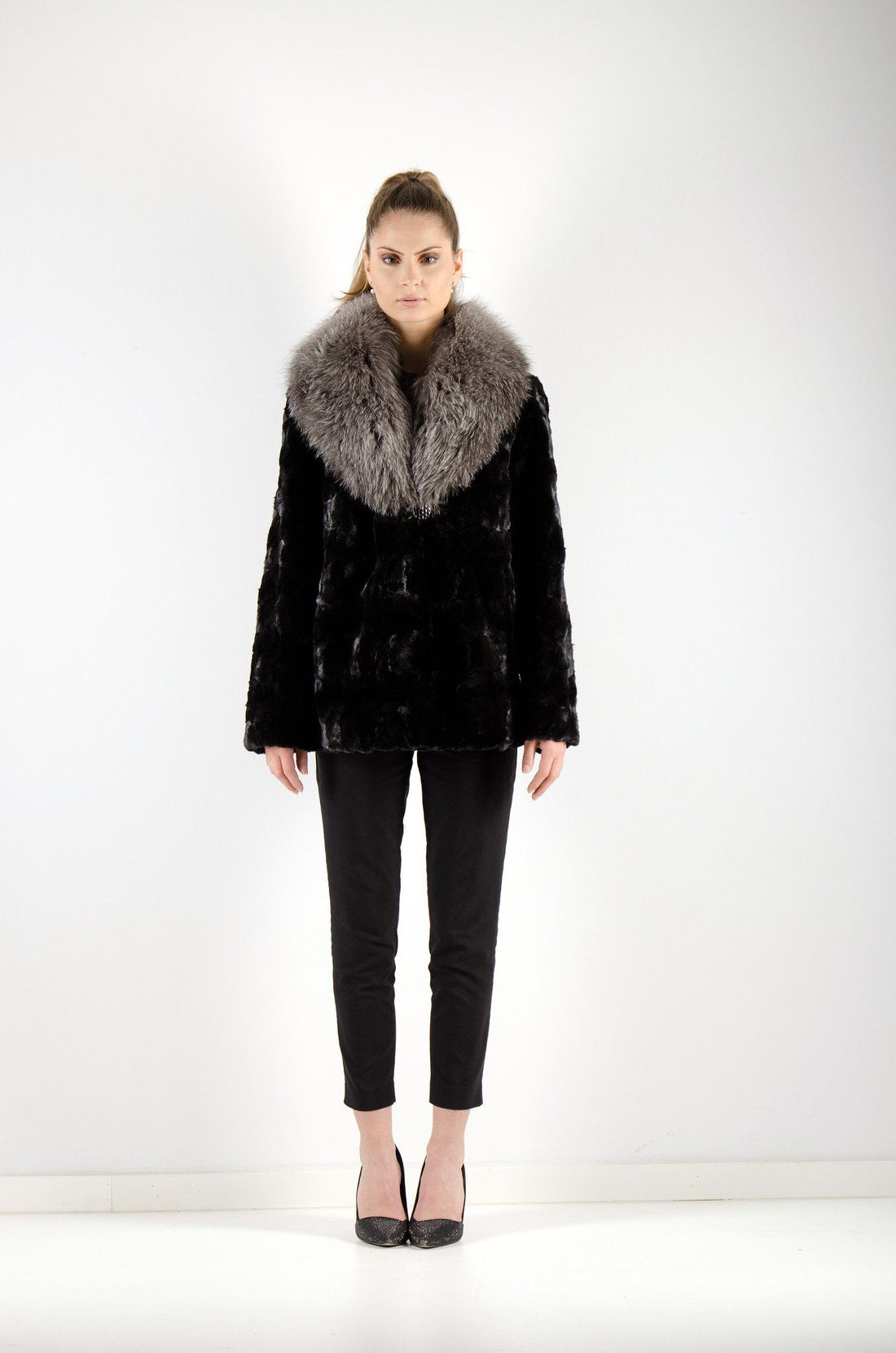 Black Mink Fur Jacket Fox Collar Trim | Starlight Furs – Starlight Furs