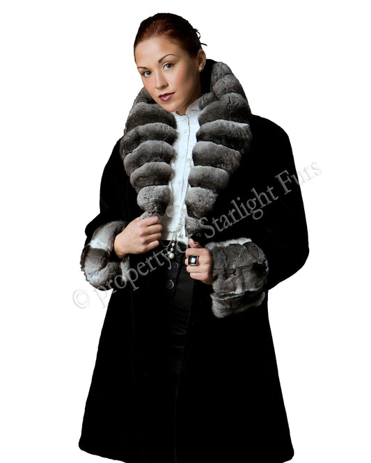 29 | Black Sheared Beaver Coat with Chinchilla Trim Coats Starlight Furs S 