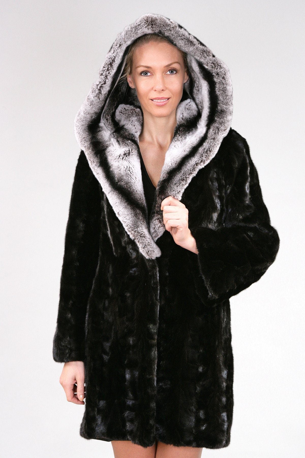 3 | Hooded Black Mink Fur Coat with Chinchilla Rabbit Fur Hood Coats Starlight Furs L 