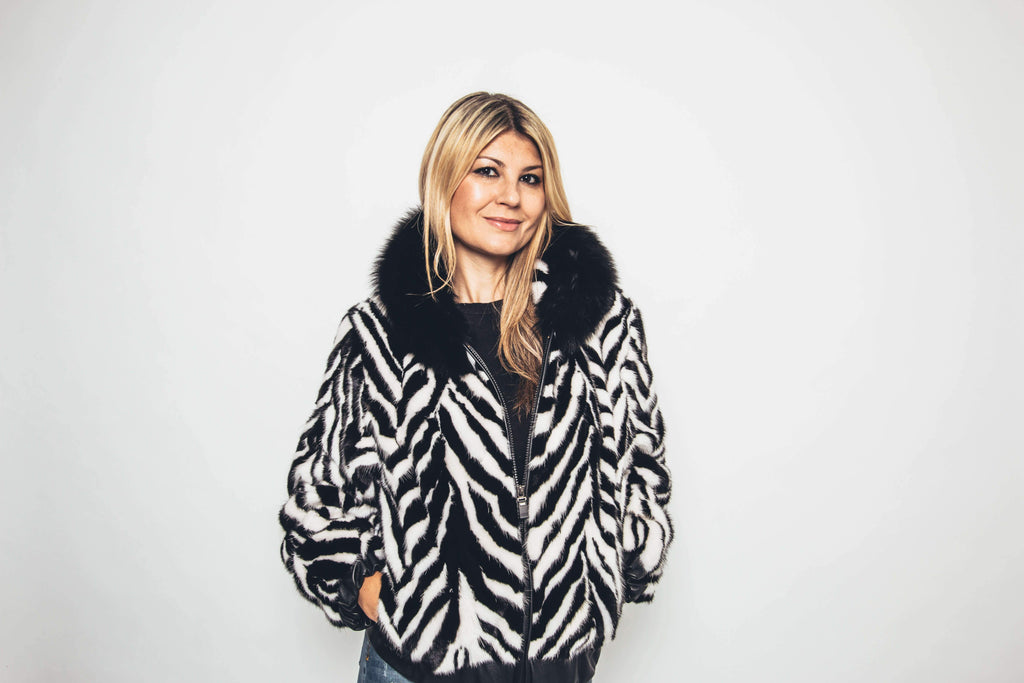 52 | Mink Black and White Bomber Jacket With Hood Jackets Starlight Furs 