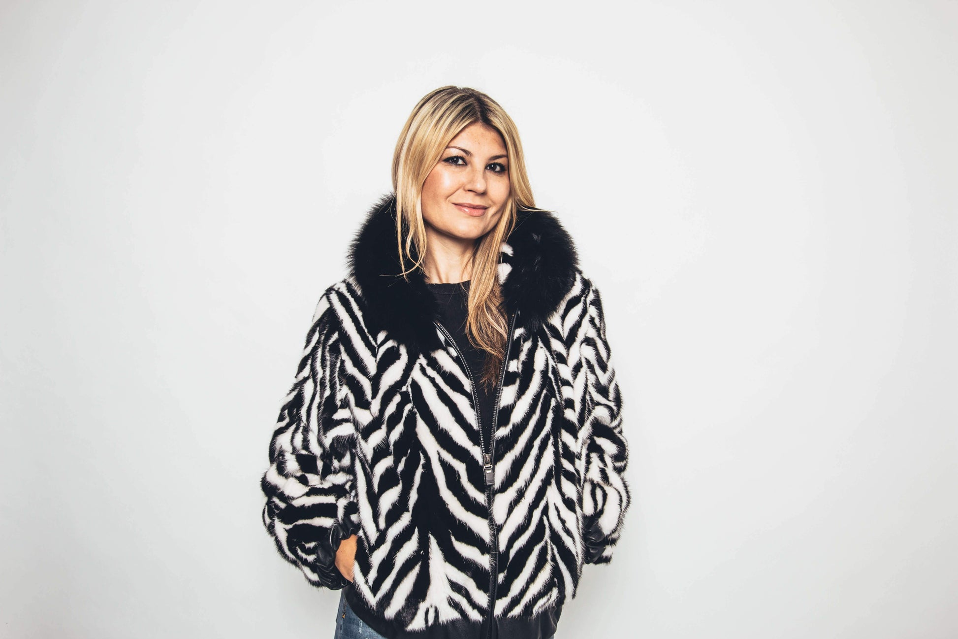 52 | Mink Black and White Bomber Jacket With Hood Jackets Starlight Furs 