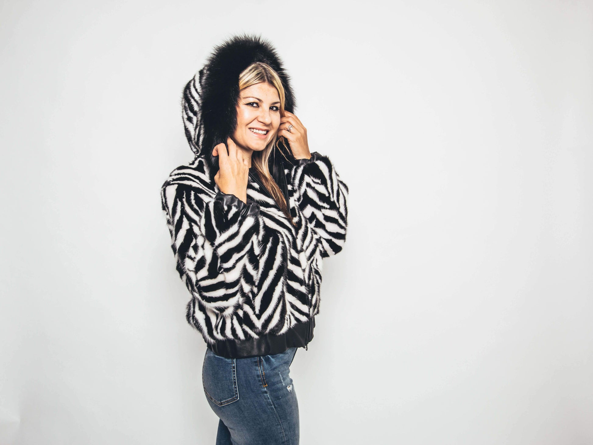 52 | Mink Black and White Bomber Jacket With Hood Jackets Starlight Furs 