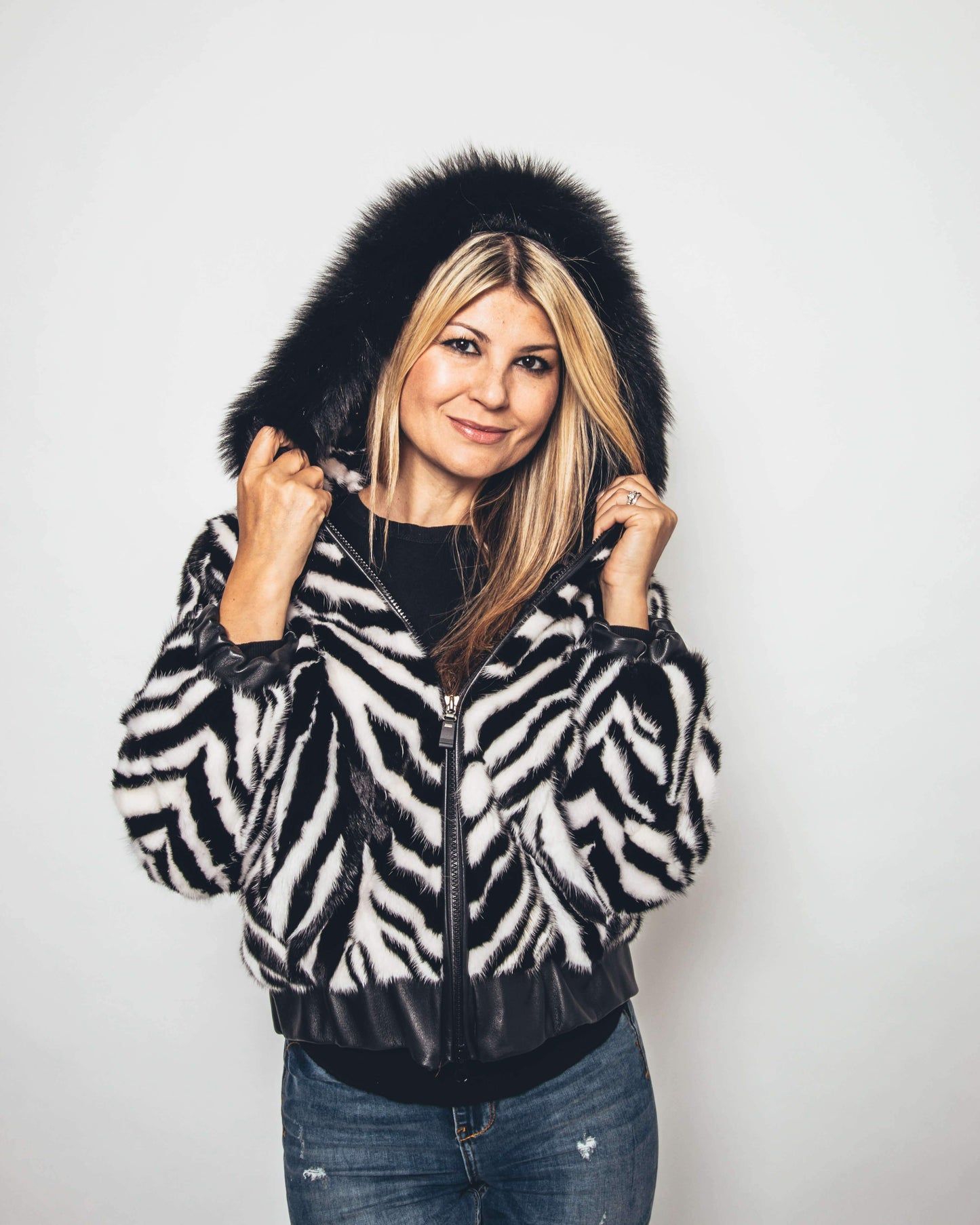 52 | Mink Black and White Bomber Jacket With Hood Jackets Starlight Furs 