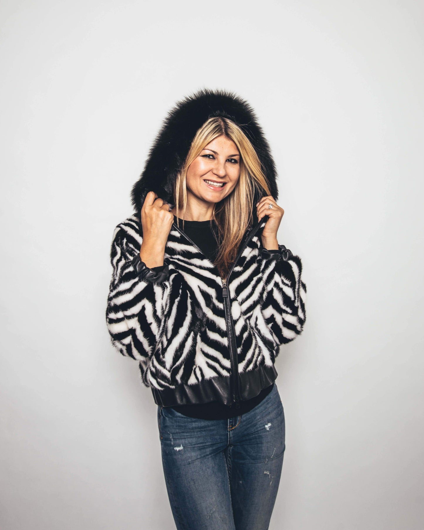 52 | Mink Black and White Bomber Jacket With Hood Jackets Starlight Furs 