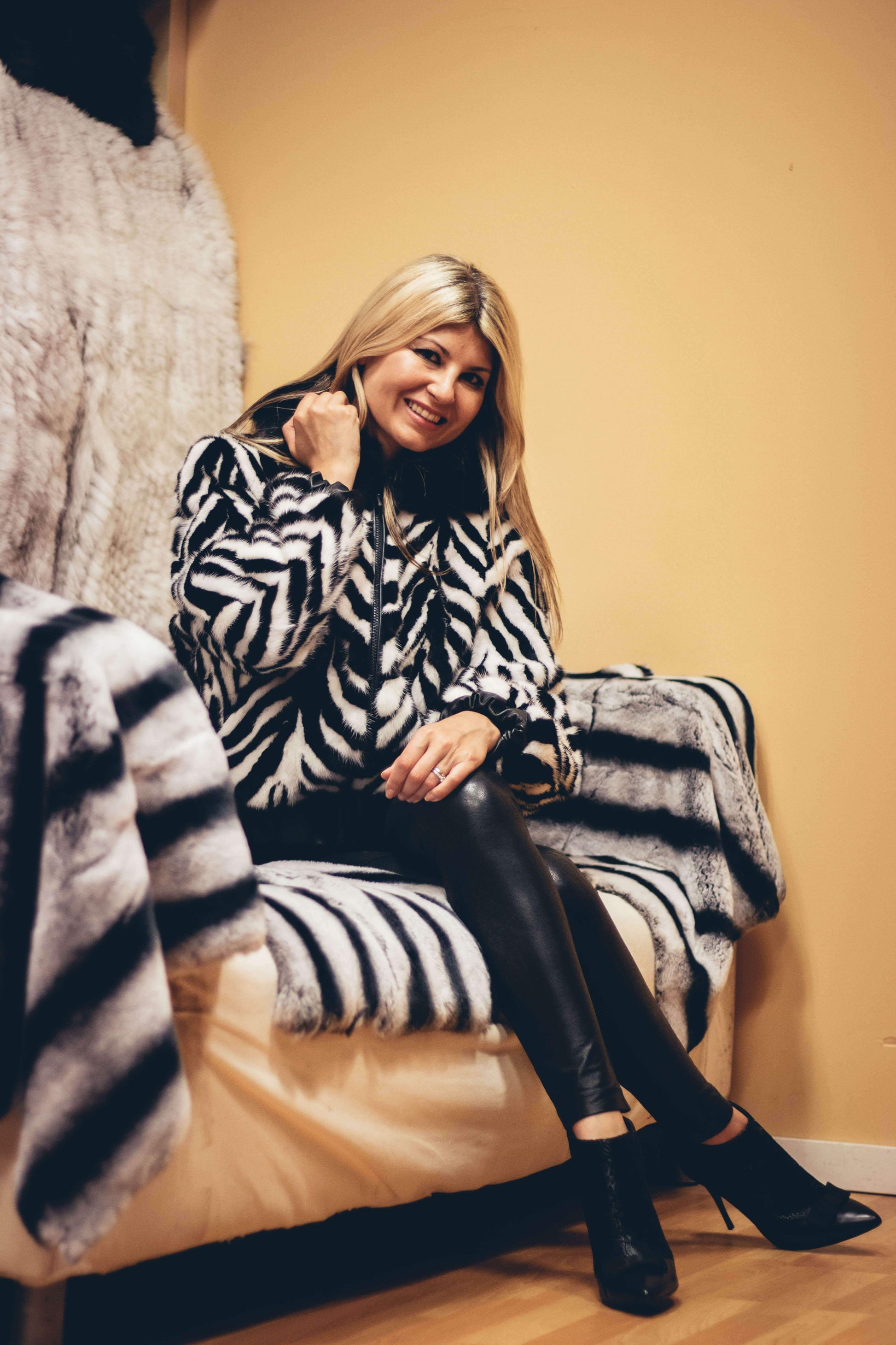52 | Mink Black and White Bomber Jacket With Hood Jackets Starlight Furs 