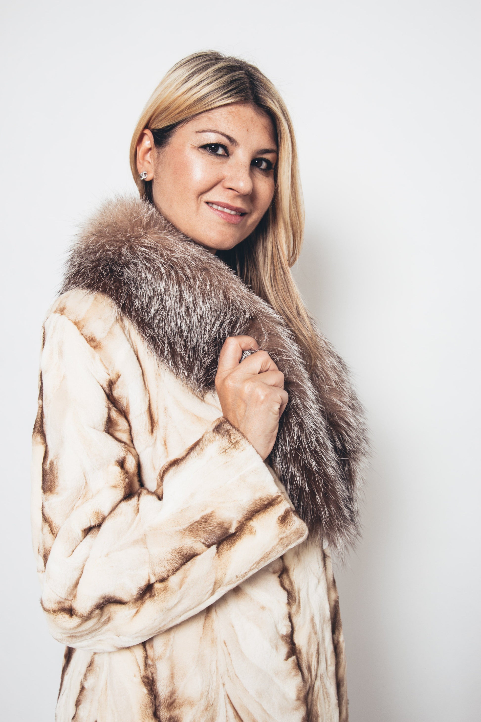 54 | Mink Pastel Tones Section Coat / Crystal Fox Collar Coats Starlight Furs 