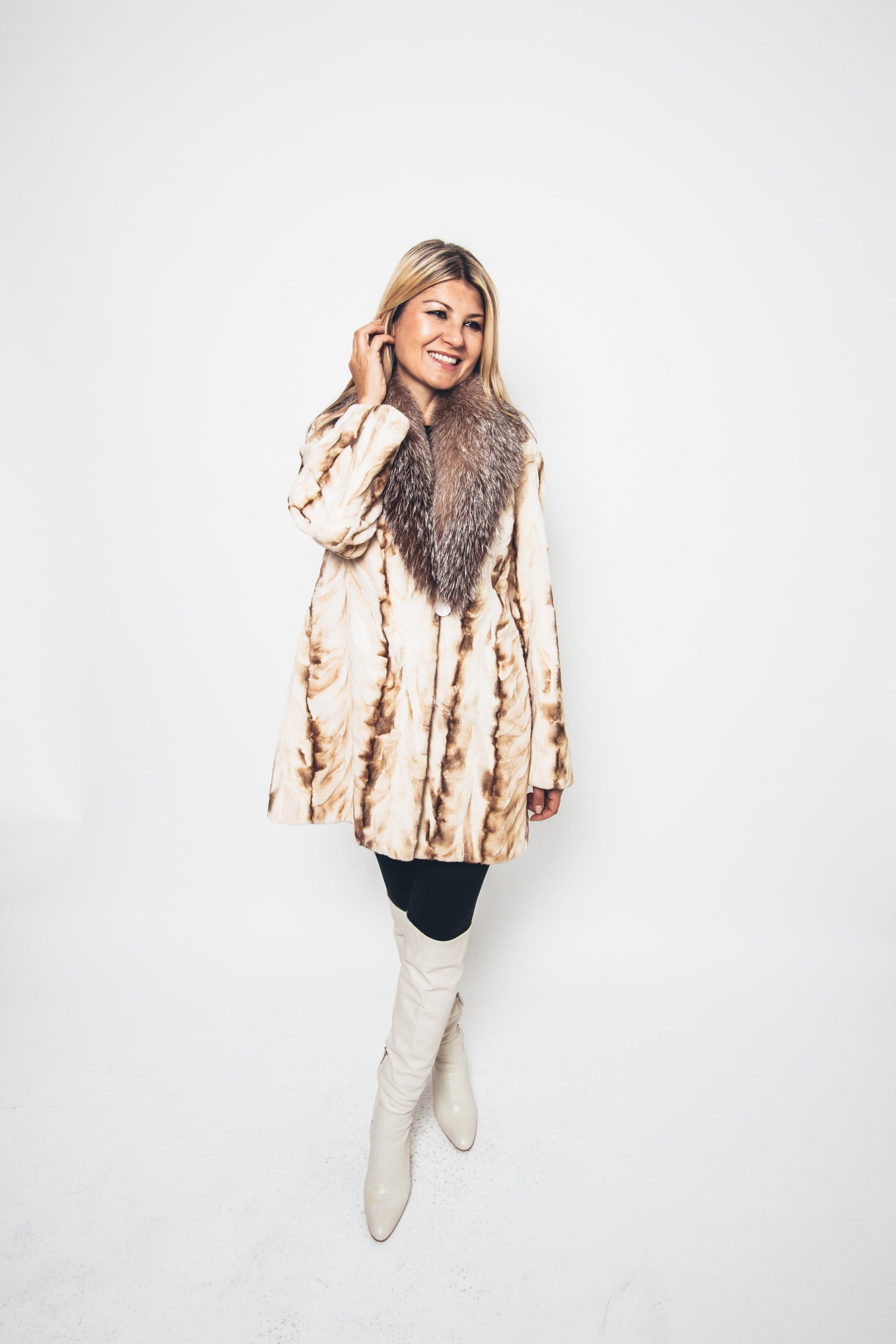 54 | Mink Pastel Tones Section Coat / Crystal Fox Collar Coats Starlight Furs 