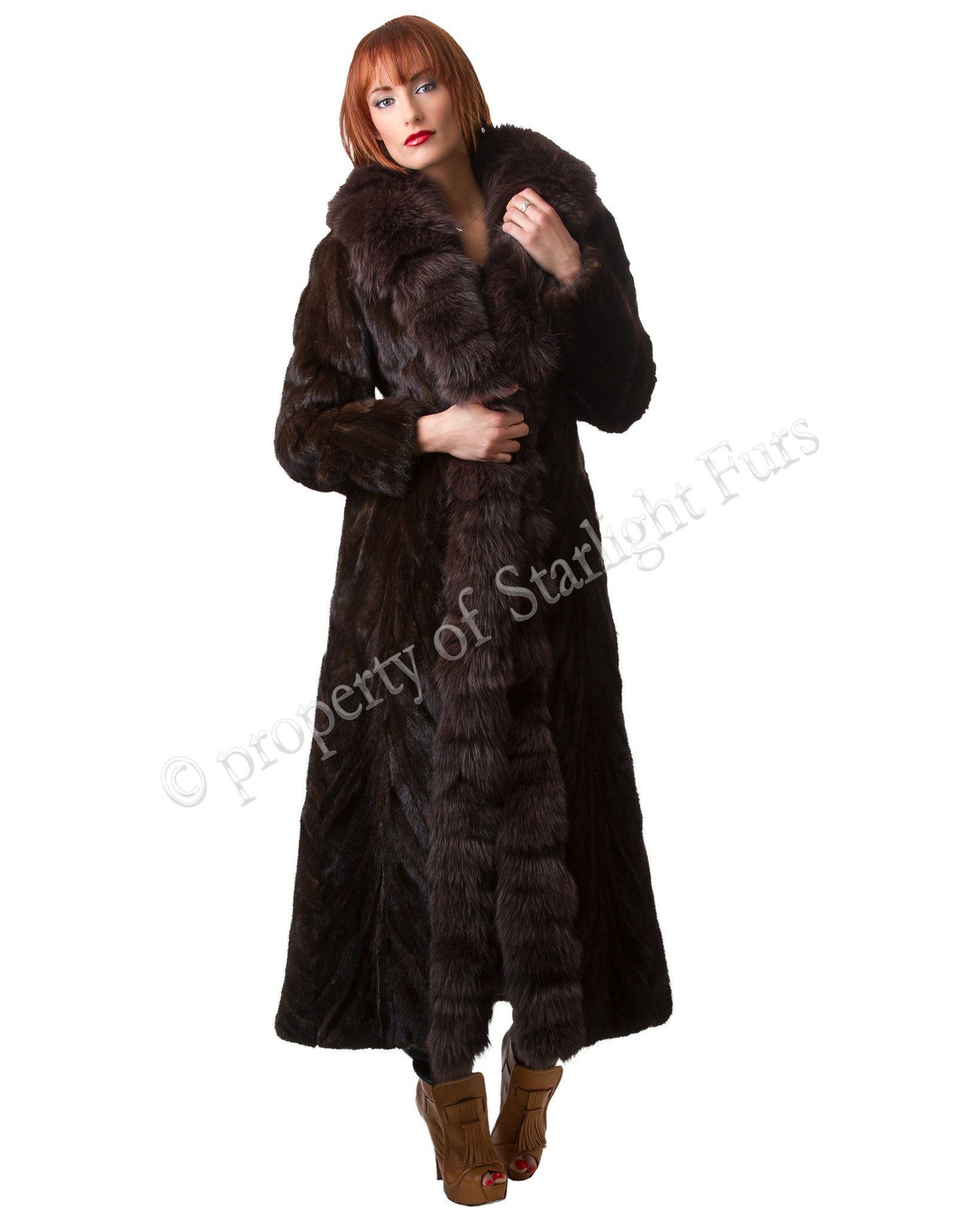 55 | Mink Sections Long Coat with Tuxedo Fox Coats Starlight Furs 
