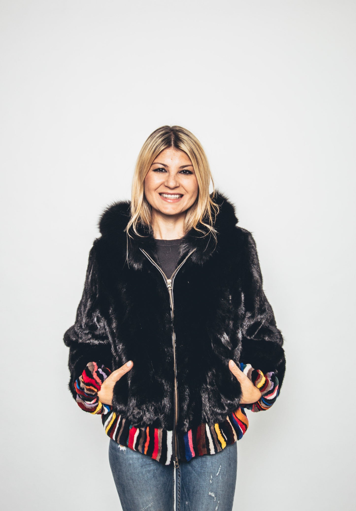 65 | Patchwork Mink Bomber Jacket, Multi Tones Sheared Beaver Jackets Starlight Furs 