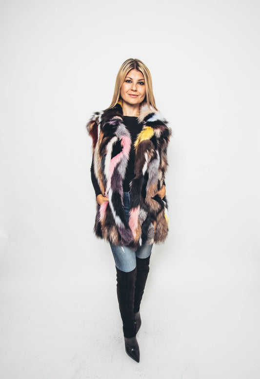 66 | Patchwork Multi Tones Fox Long Vest Vests Starlight Furs 