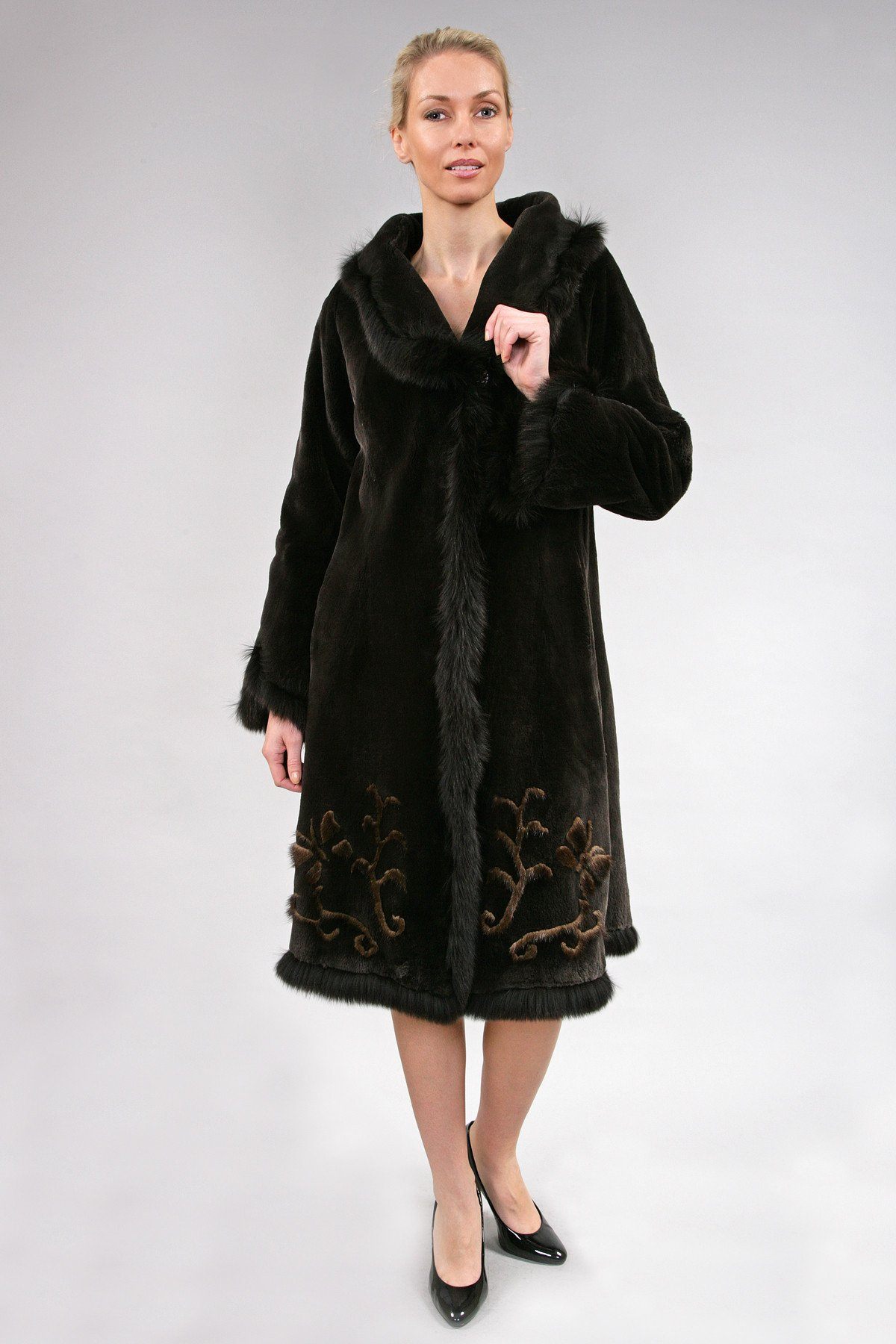 Soft lux Canadian beaver fur coat with mink inserts and fox trim, luxury outerwear by Starlight Furs Montreal