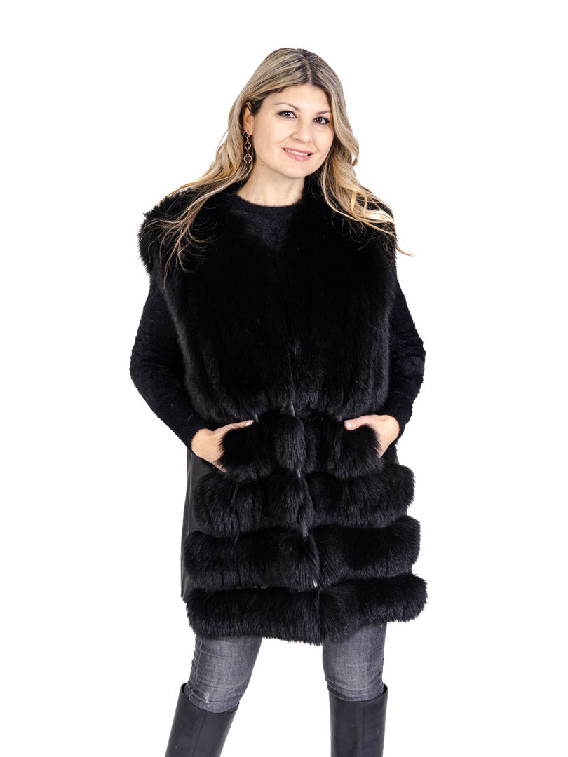 Black Fox Fur and Leather Vest Vests Starlight Furs Black Fox Fur 